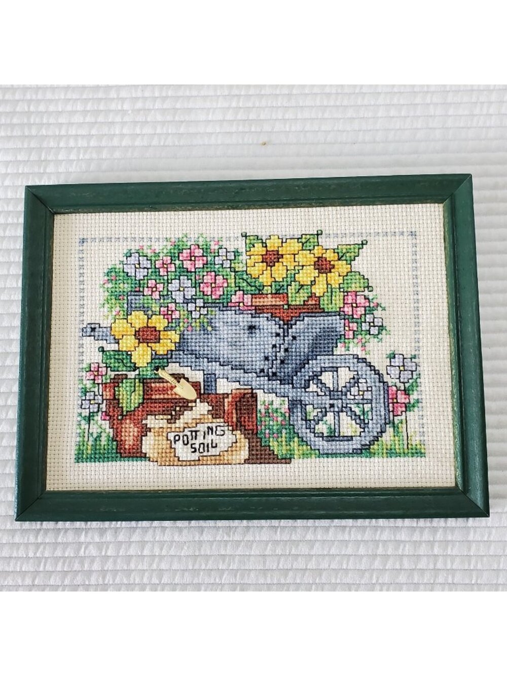 Garden Wheelbarrow Cross Stitch 7.5x5.5 Framed Handmade Sunflower Cottagecore